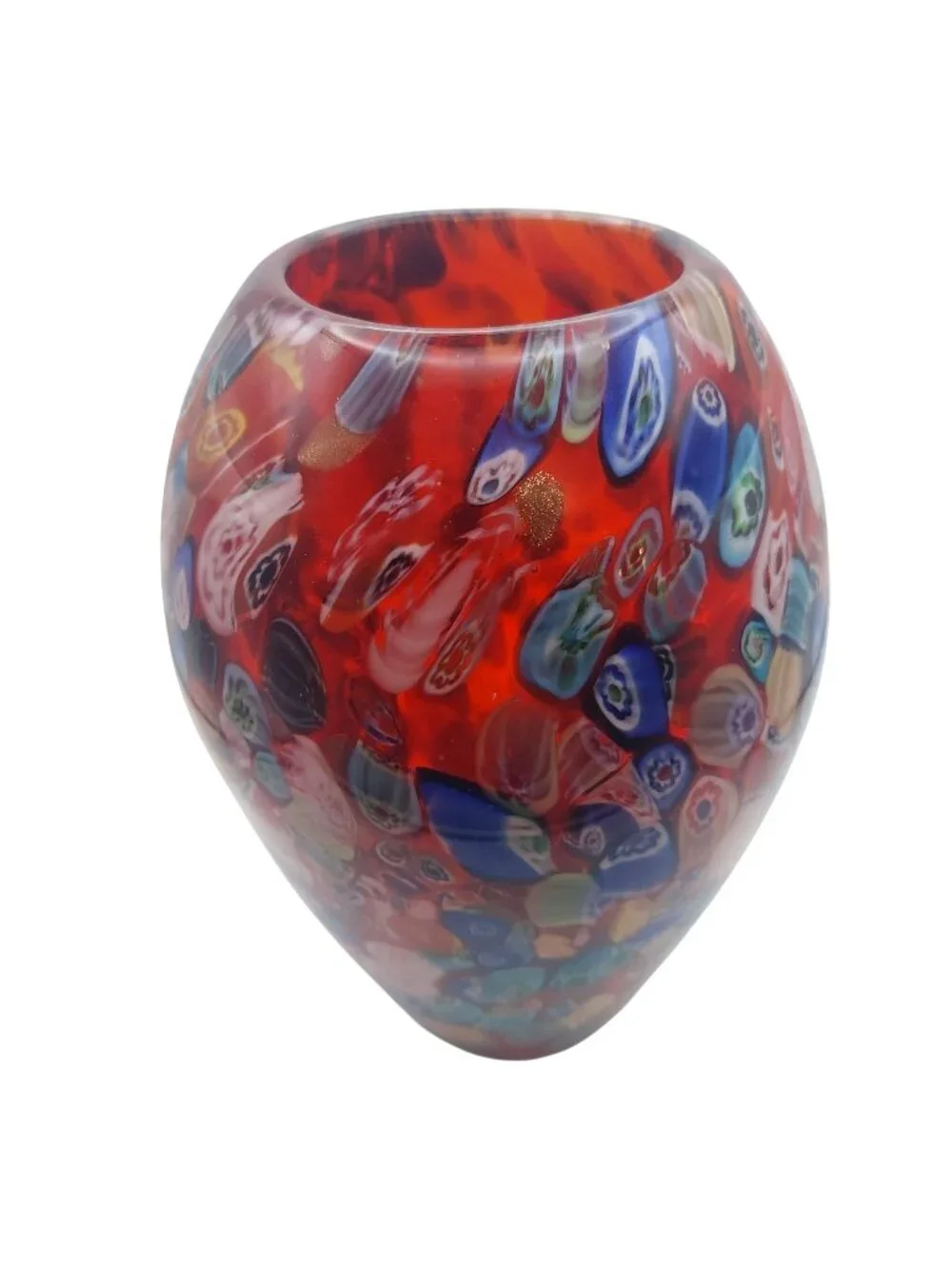 Murano Millefiori Art Glass Vase Hand Blown Red Murrine Canes Aventurine Italy